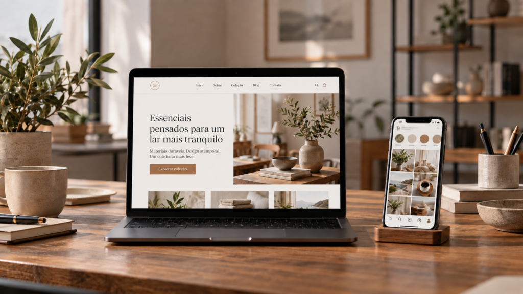 Notebook com site profissional e smartphone representando presença nas redes sociais